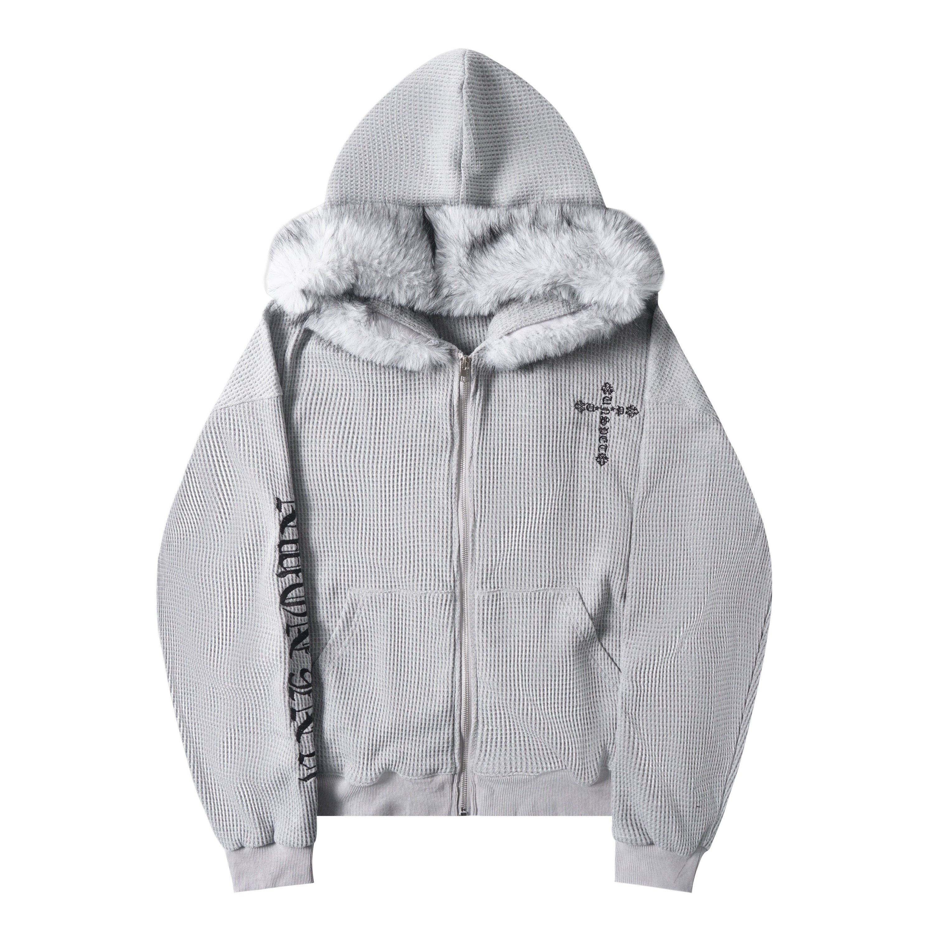 Omirad Faux Fur Trim Zip-Up Hoodie | Waffle Knit Streetwear