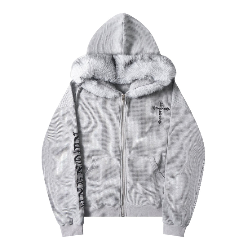 Light gray waffle knit zip-up hoodie with faux fur trim on the hood, front view