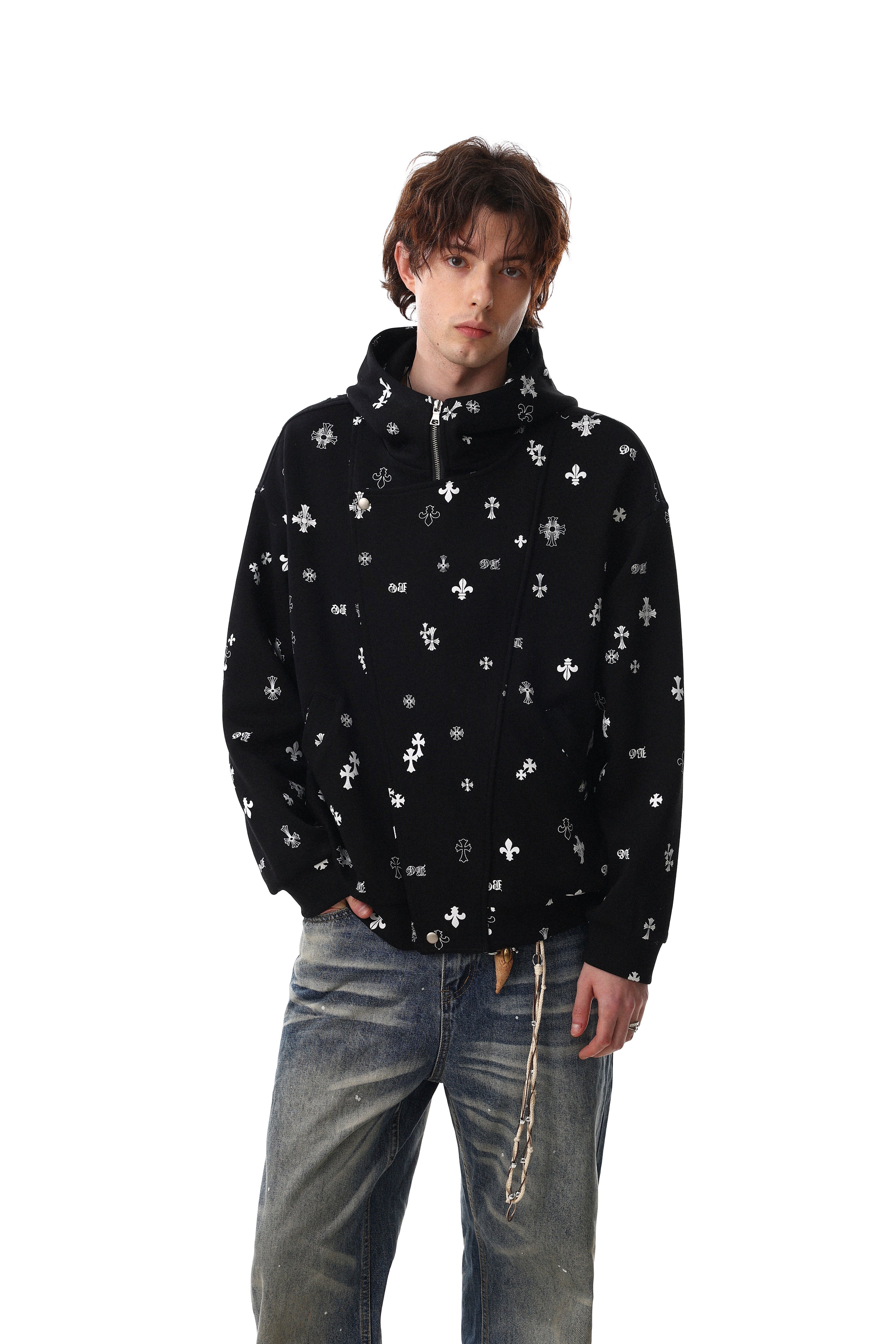 All-Over Gothic Cross Print Hooded Zip Jacket | Streetwear