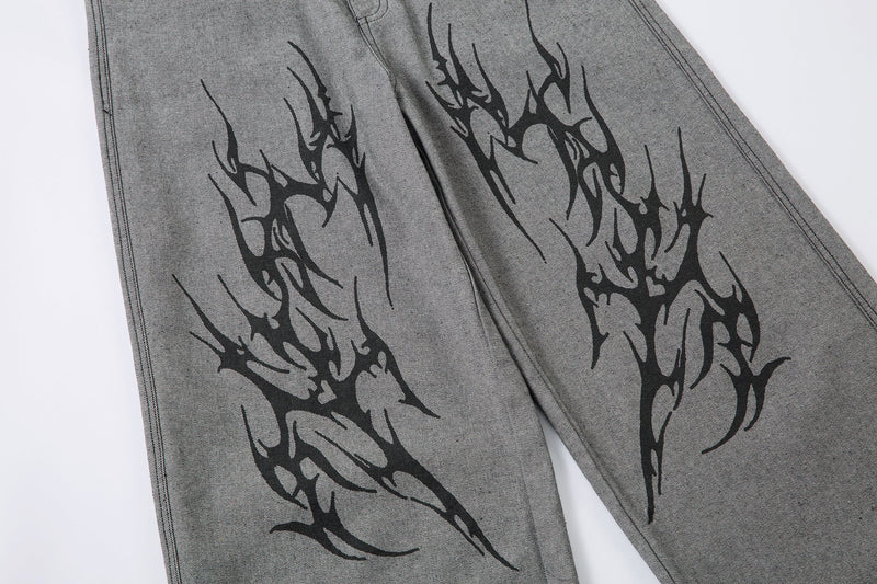 Tribal Graphic Wide-Leg Jeans | Oversized Streetwear Pants