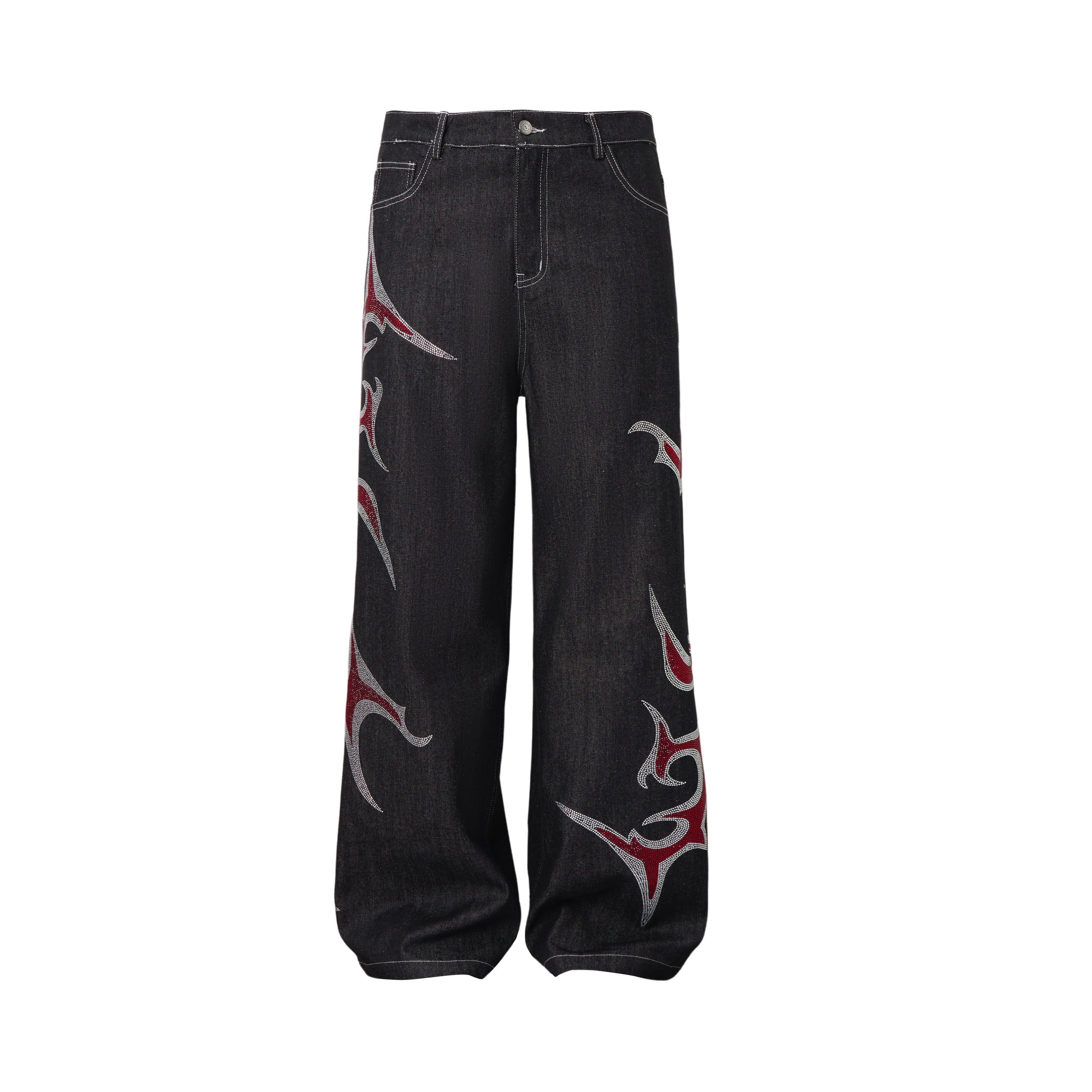 Omirad Tribal Flame Rhinestone Wide-Leg Denim Pants
