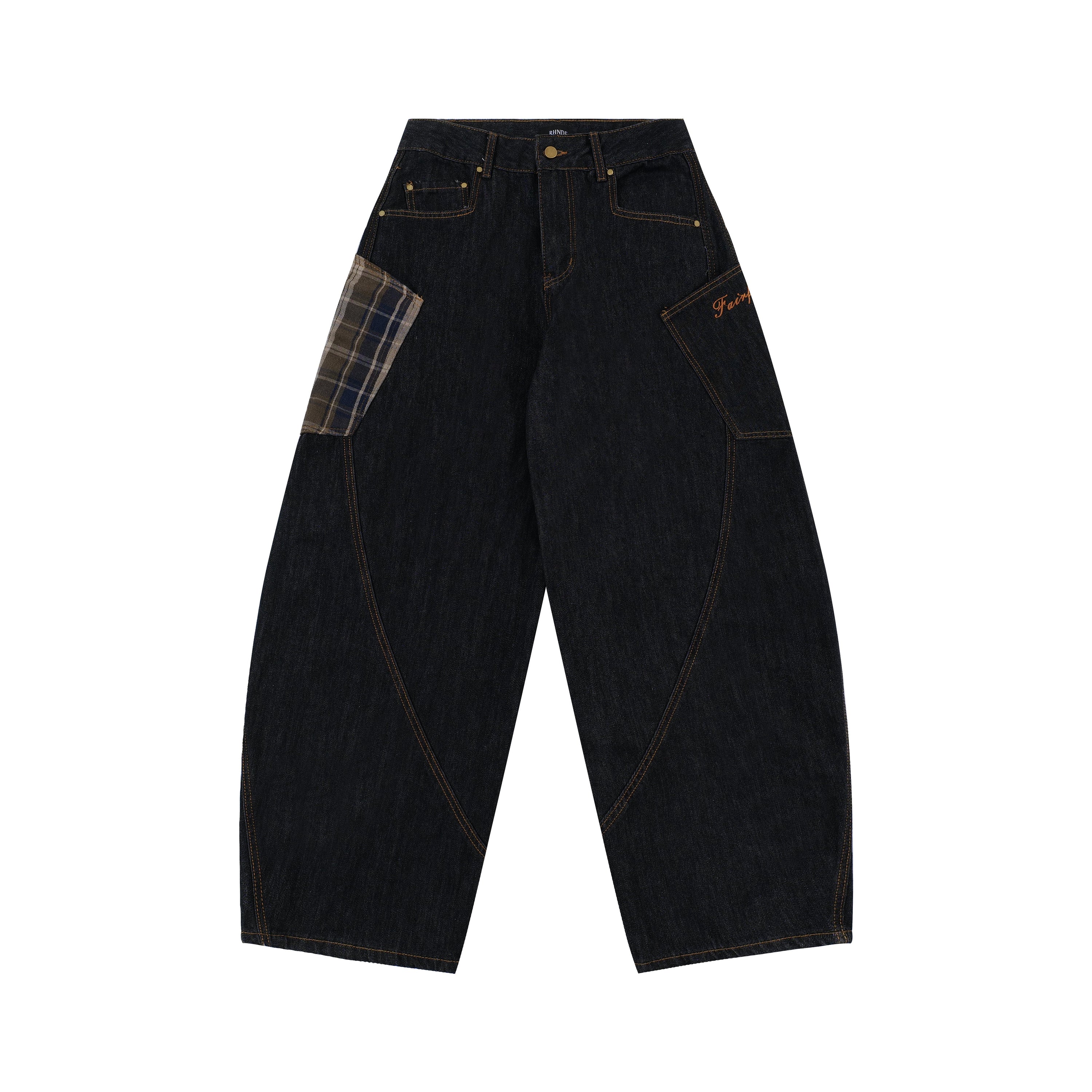 Plaid Patch Curved Seam Wide-Leg Denim Jeans | RHNDE