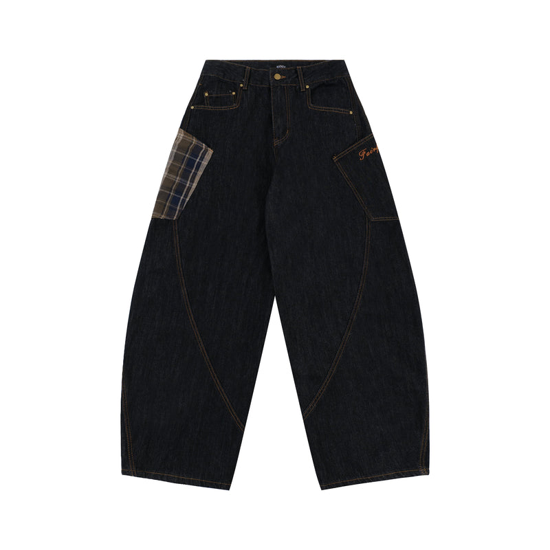 Plaid Patch Curved Seam Wide-Leg Denim Jeans | RHNDE