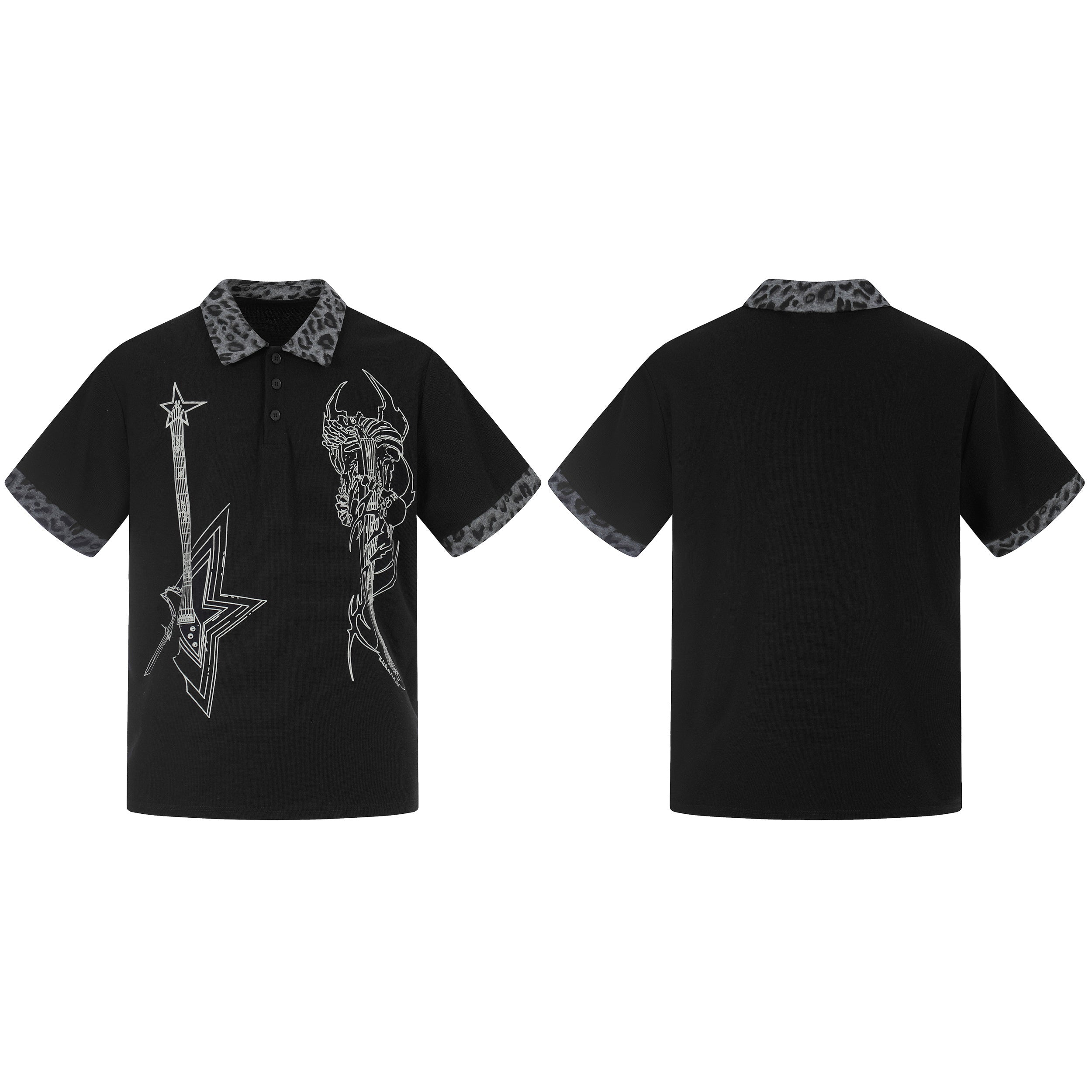 Black polo shirt with leopard print collar and cuffs featuring white rock guitar and skull graphic on front