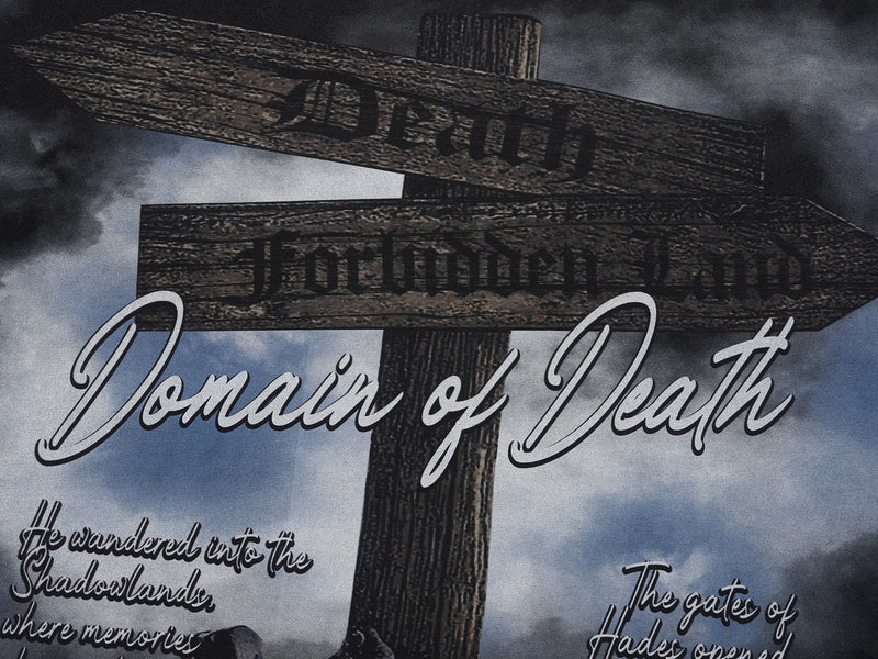 Gothic graphic tee with wooden signpost, cloudy sky, and Domain of Death text in dark streetwear style
