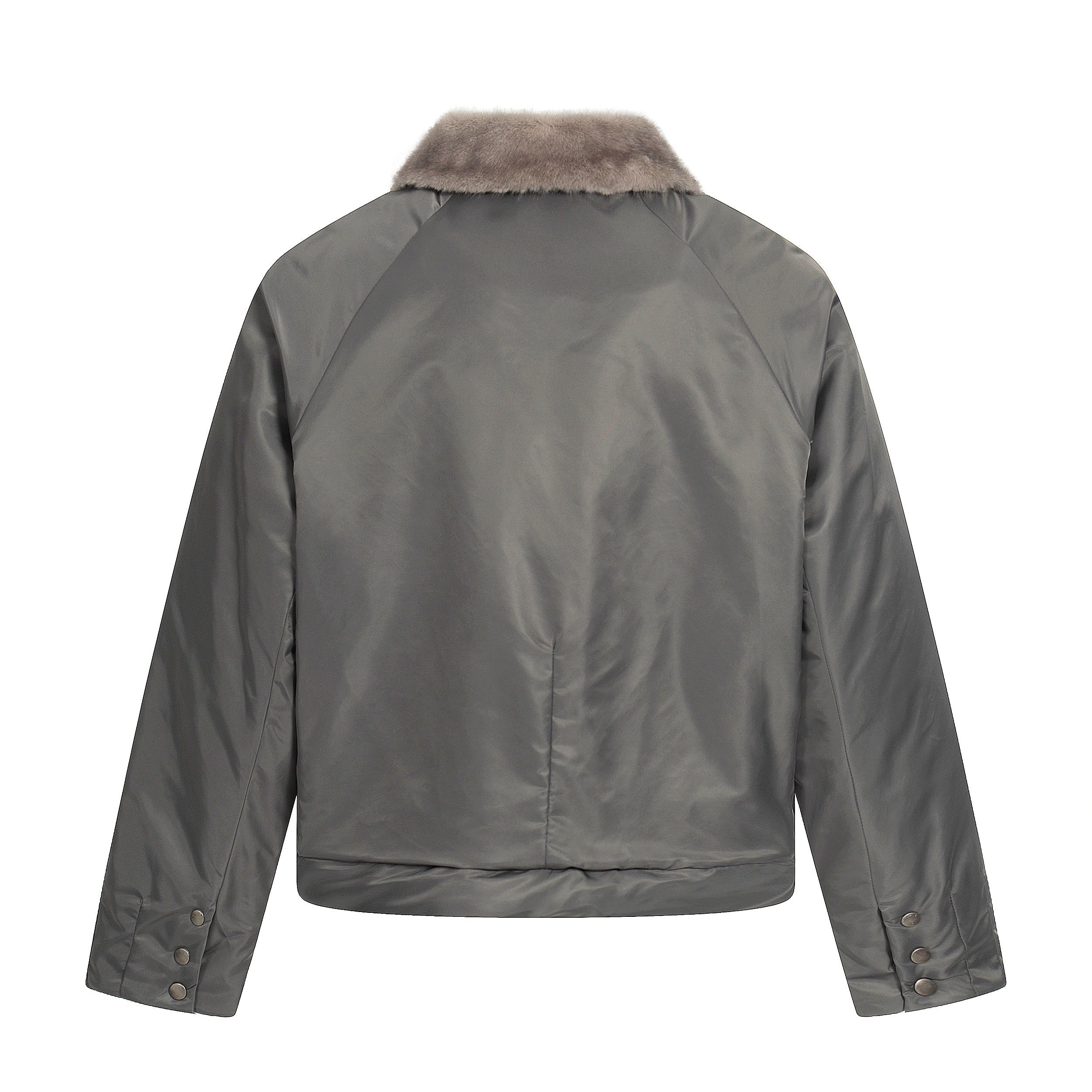 Faux Fur Collar Cropped Nylon Jacket | Smoke Gray & Black