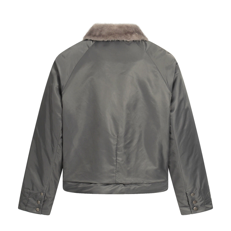 Faux Fur Collar Cropped Nylon Jacket | Smoke Gray & Black