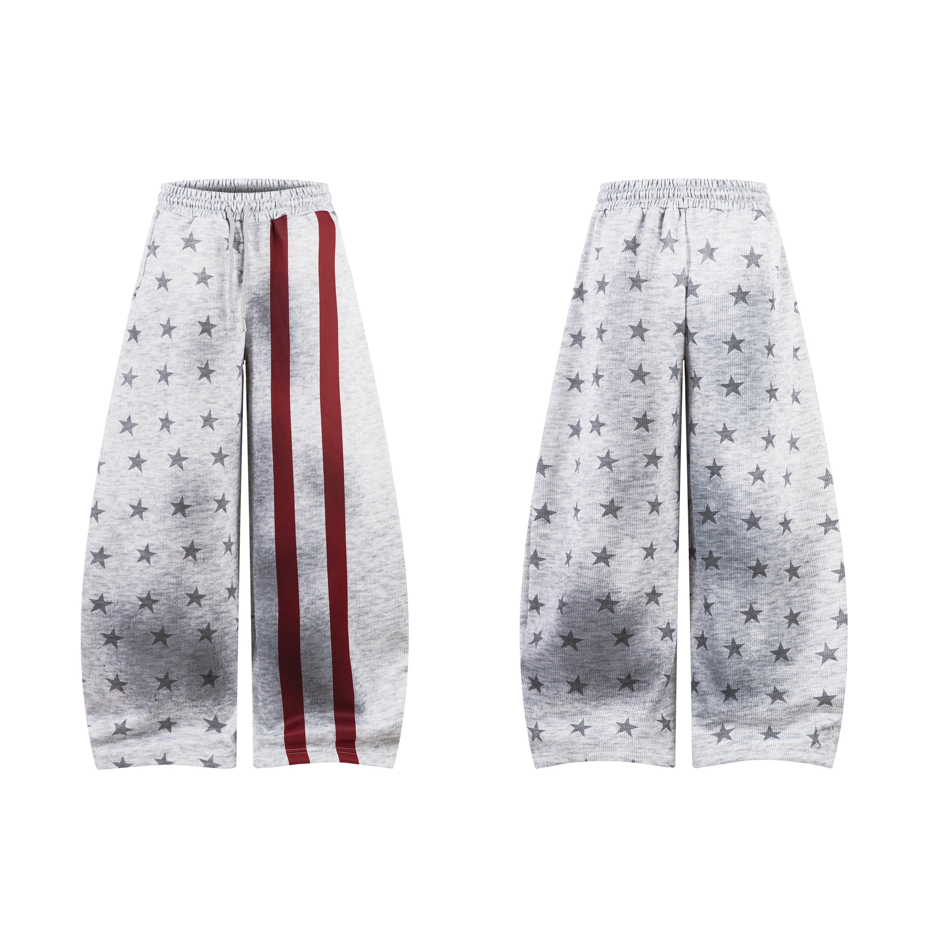 Heathered grey wide-leg sweatpants with all-over star print and dual burgundy red stripes down one leg, front and back views