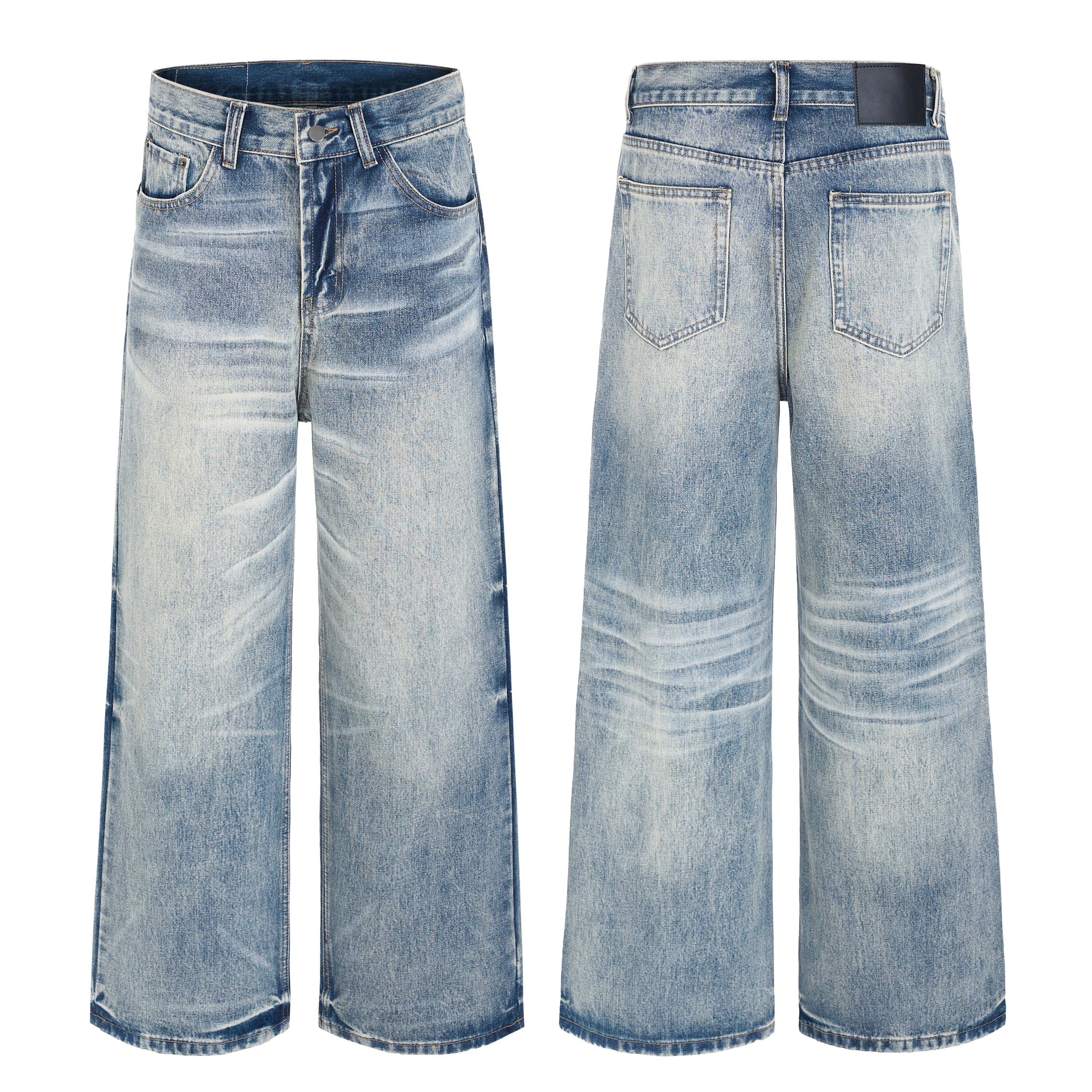Front and back view of light blue vintage washed wide-leg jeans with natural fade and whisker detailing on a white background