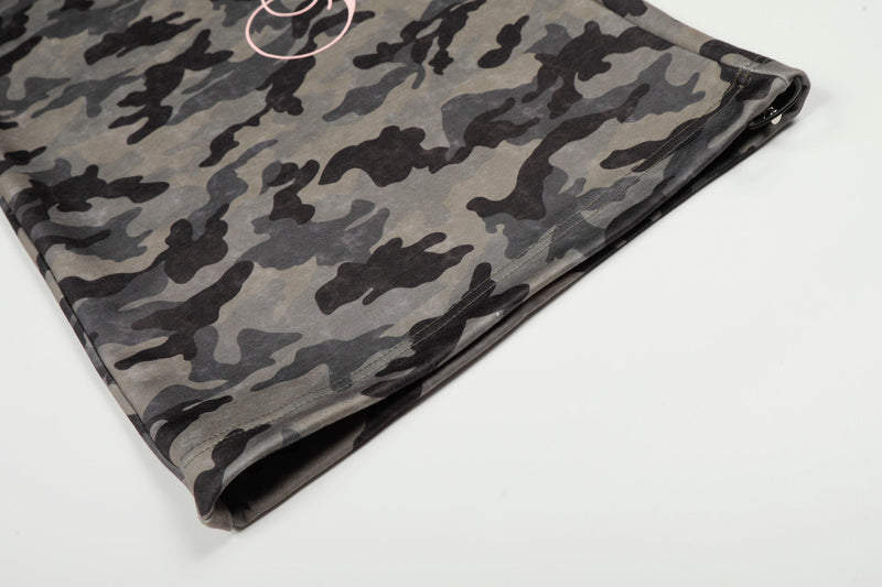 Camo Wide-Leg Pants with Pink Faux Fur Trim & Studded Belt