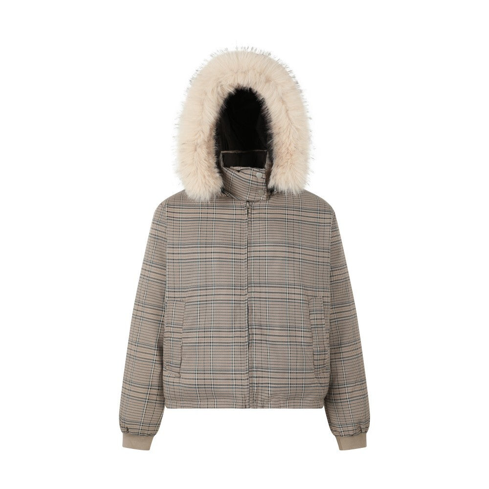 Reversible Plaid Faux Fur Hooded Puffer Jacket | SEAKOFF
