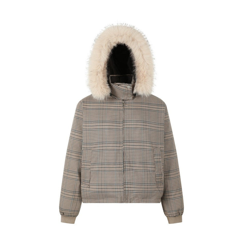 Reversible Plaid Faux Fur Hooded Puffer Jacket | SEAKOFF