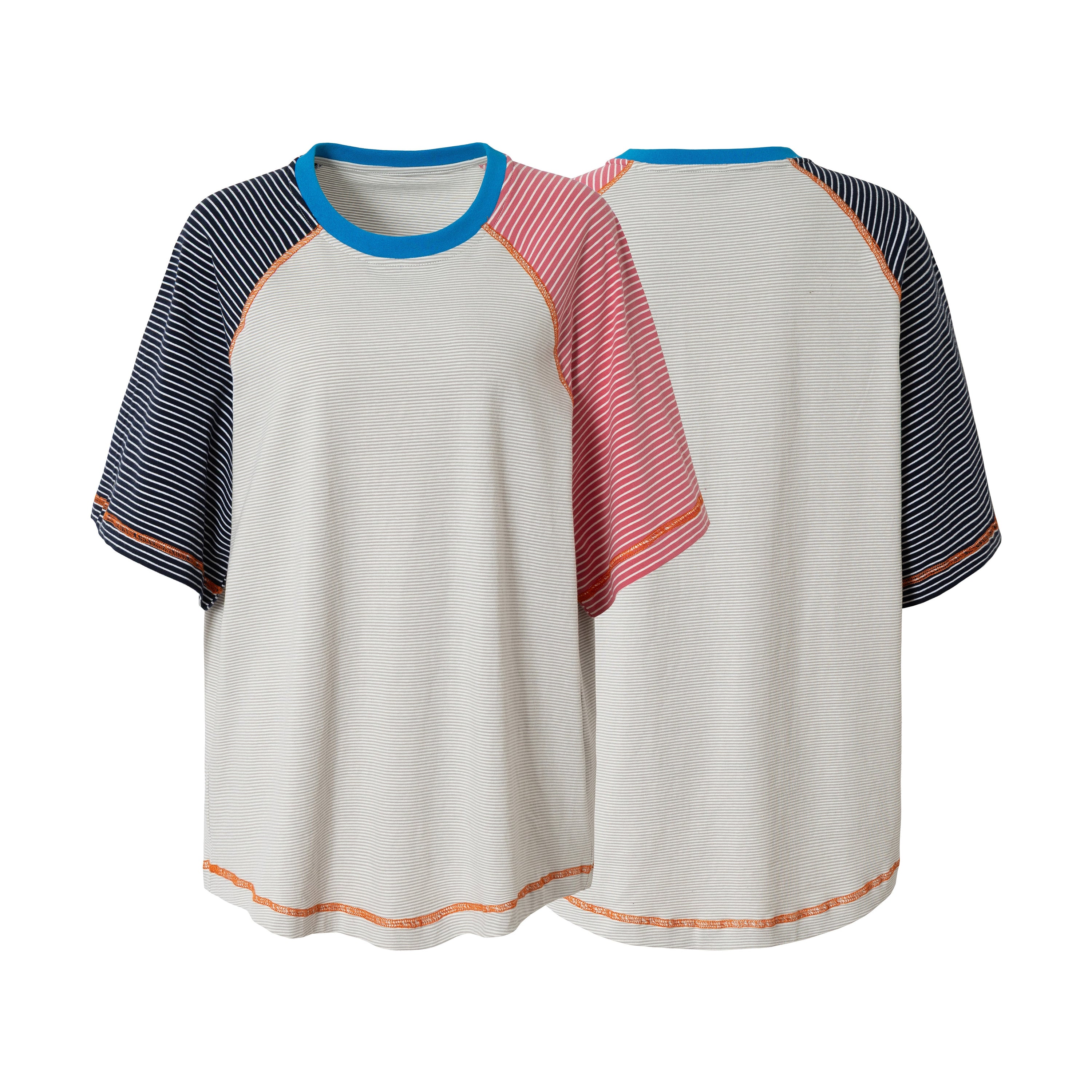 Relaxed fit raglan t-shirt with navy and pink contrast stripe sleeves, blue ribbed crewneck, and orange stitching on white ba