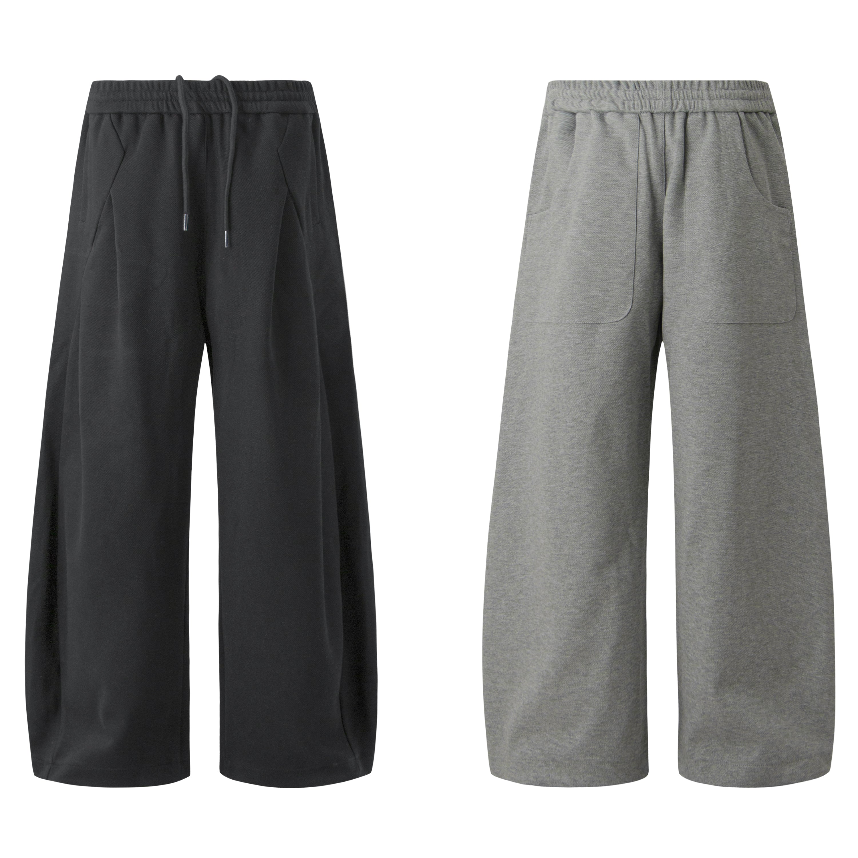 Omirad Essential Wide-Leg Sweatpants shown in black and heather grey, front and back views, with elastic drawstring waistband