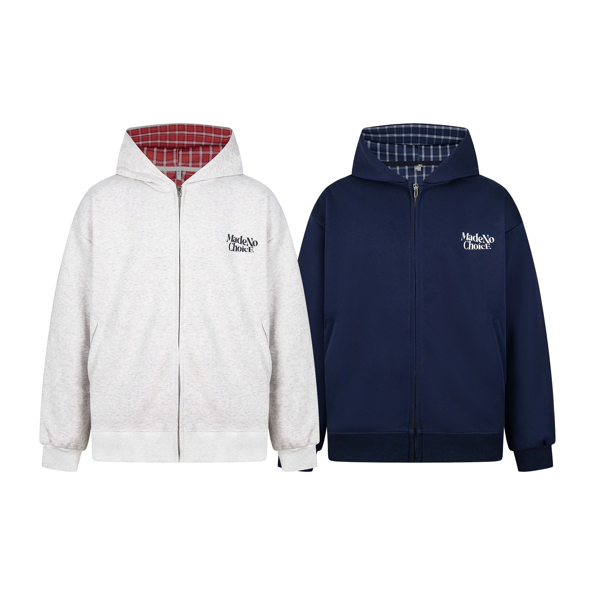 MadeNoChoice plaid-lined zip-up hoodies in heather grey with red tartan lining and navy with blue check lining, front view