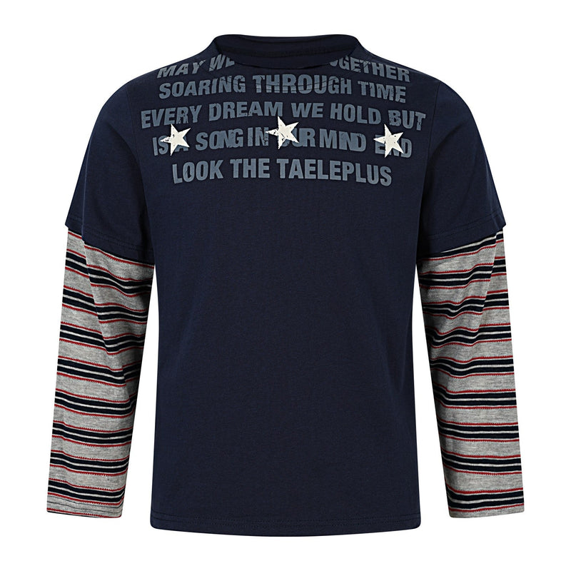 Navy long sleeve tee with gray striped sleeves and distressed graphic text on the chest and shoulders