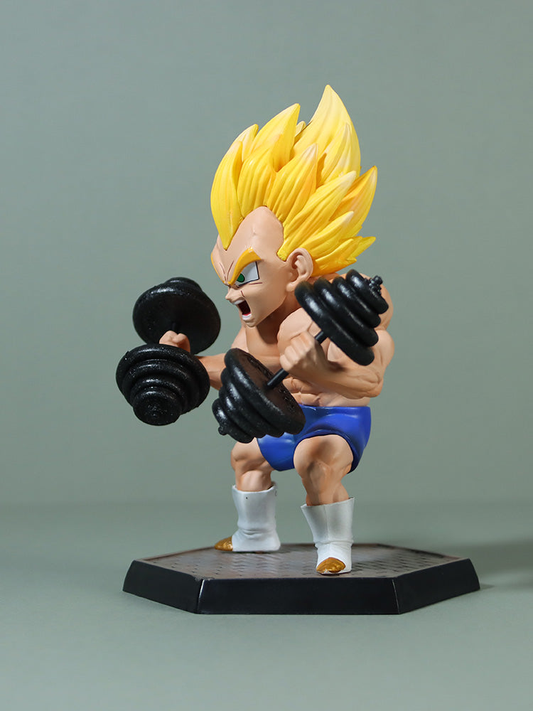 The Vegeta Super Saiyan Collectible Figure by Seakoff, measuring 17cm, showcases a weightlifting pose with spiky yellow hair, wearing blue shorts and white boots. It stands on a black hexagonal base against a plain gray background.