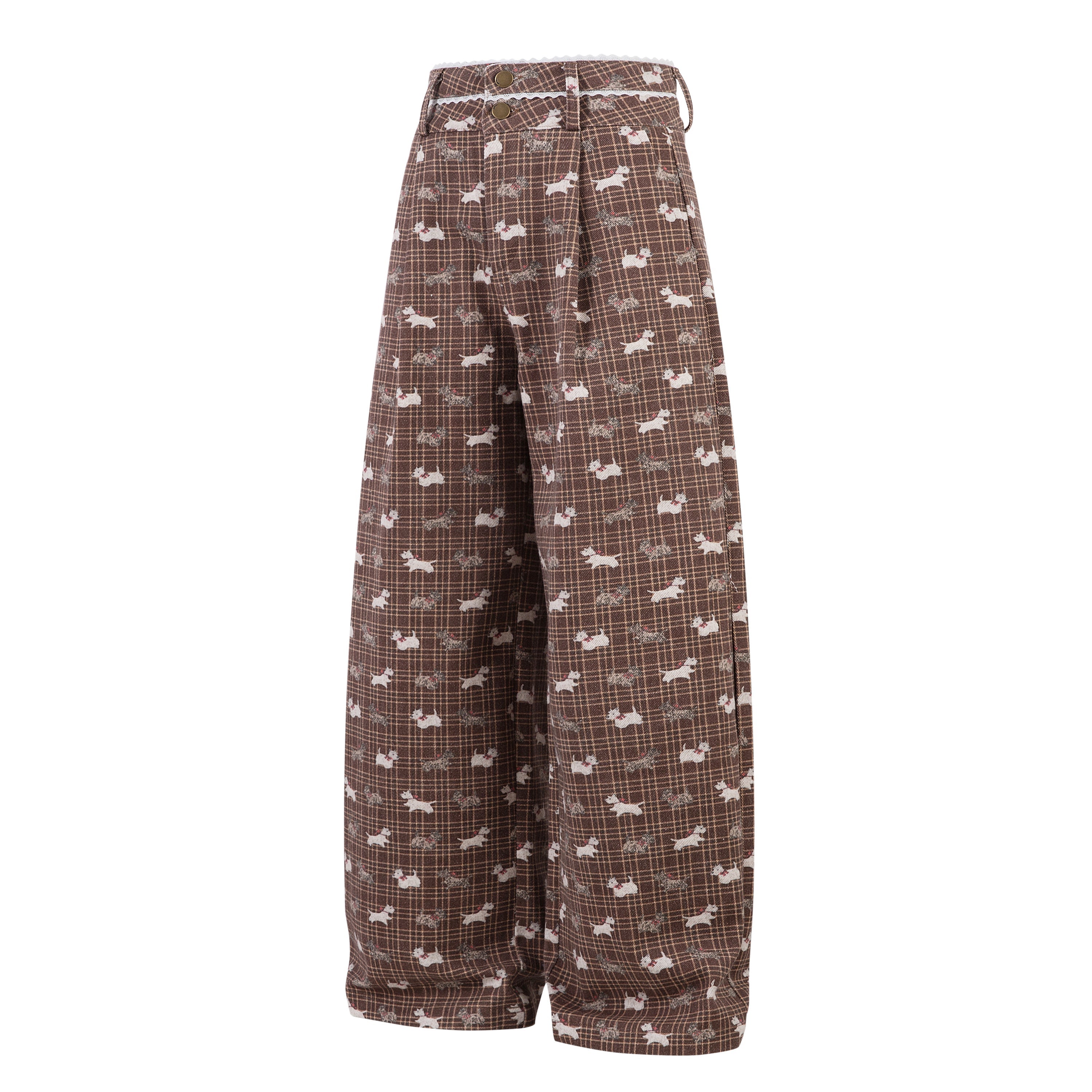 Retro Dog Print Plaid Wide-Leg Pants | Vintage Style