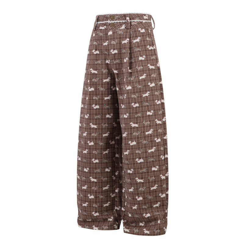 Retro Dog Print Plaid Wide-Leg Pants | Vintage Style