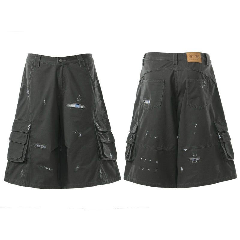 Black utility cargo shorts, front and back views with patch pockets and distressed rips