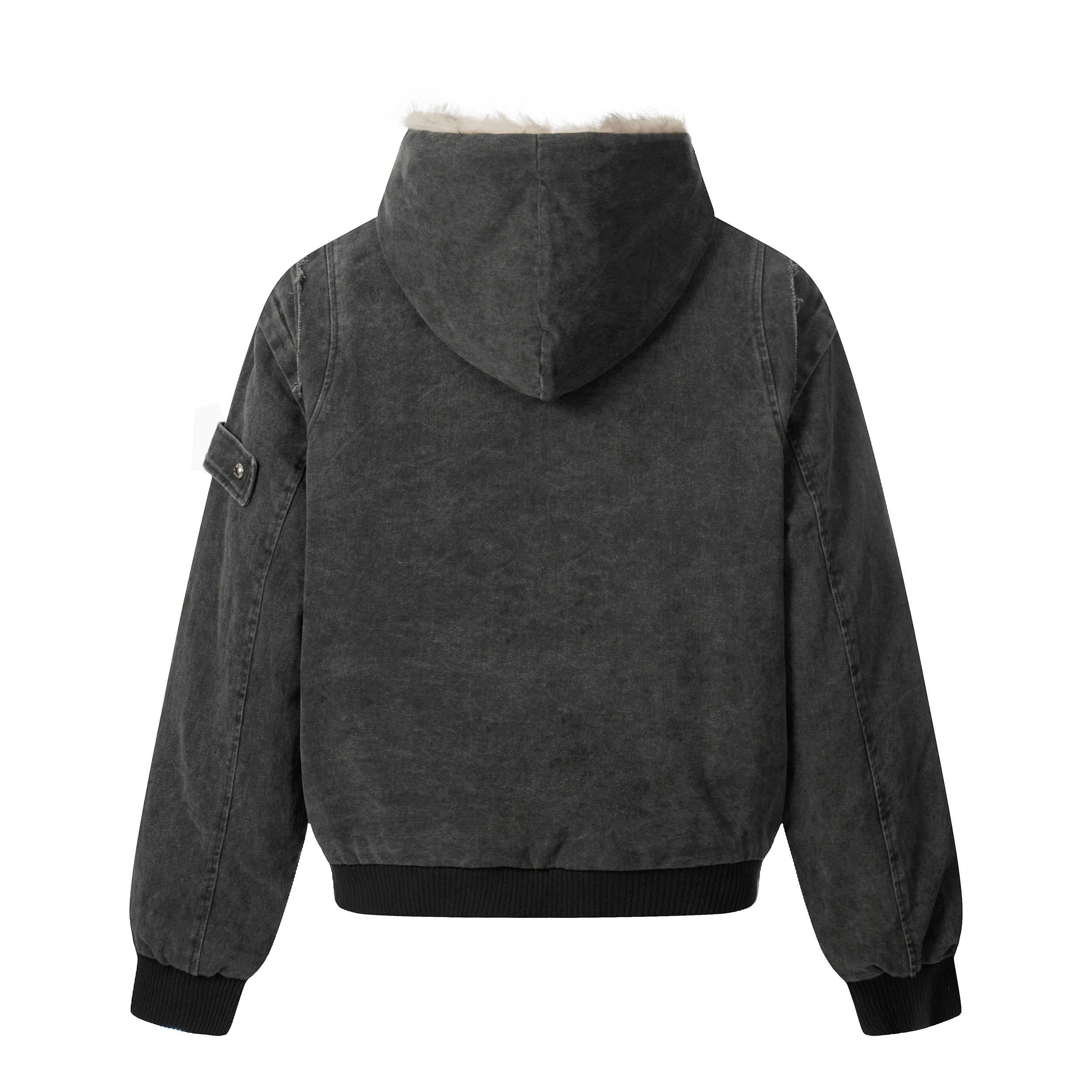 Washed Shearling-Lined Denim Hooded Bomber Jacket