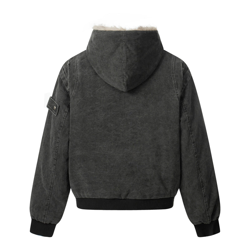 Washed Shearling-Lined Denim Hooded Bomber Jacket