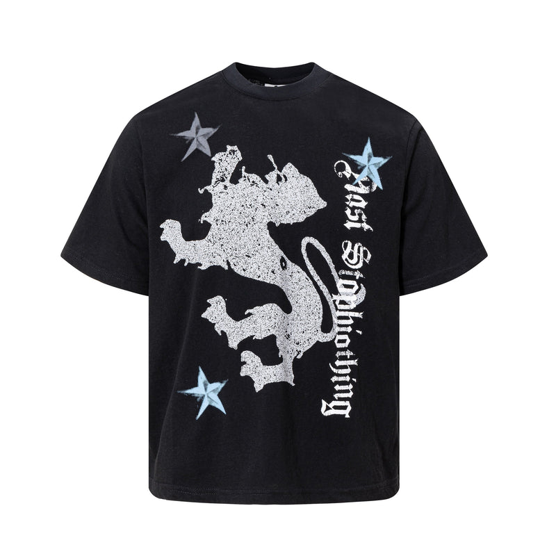 Black oversized tee with a distressed gothic lion graphic, blue stars, and vertical Old English lettering on the front