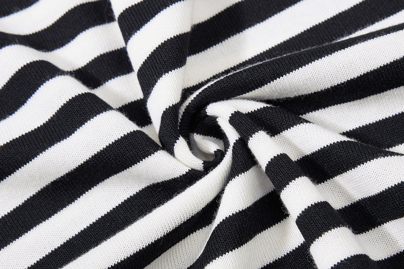 Black and white striped knit fabric with a twisted swirl pattern for a gothic streetwear tee