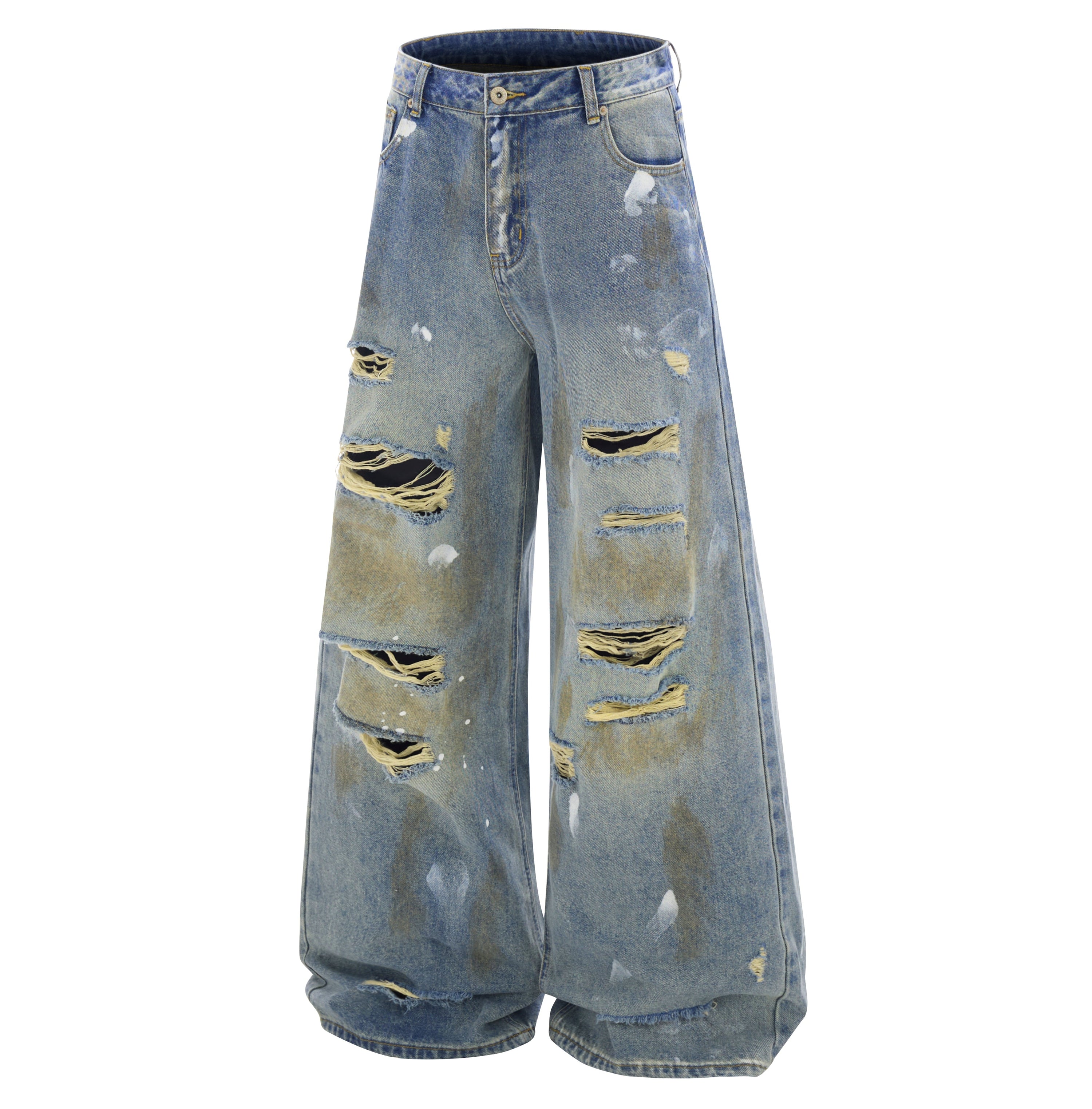 Omirad Distressed Vintage Washed Wide-Leg Denim Pants