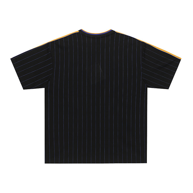 Black pinstripe soccer jersey with short sleeves and yellow trim on a clean white background