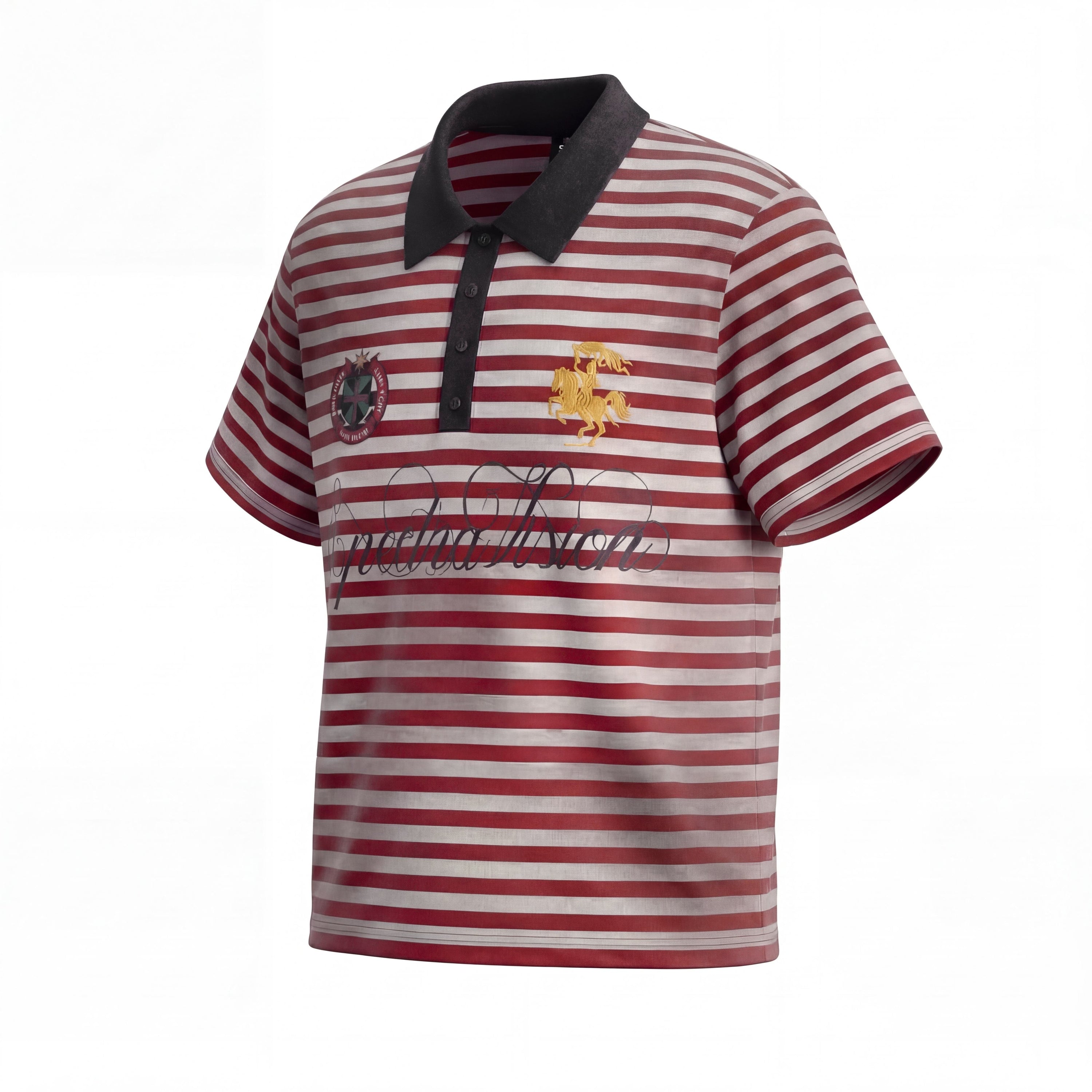 Omirad Stripe Crest Polo Tee | Red & Grey Striped Short Sleeve
