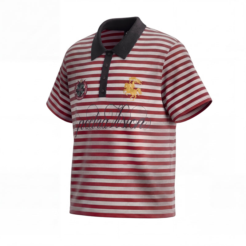 Red and grey striped short sleeve polo tee with black collar and embroidered crest graphics on a white background