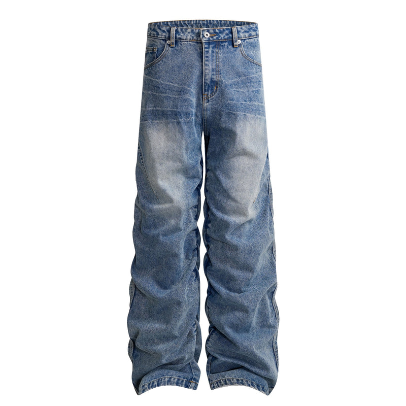 Blue stacked wide leg jeans with faded wash, front view
