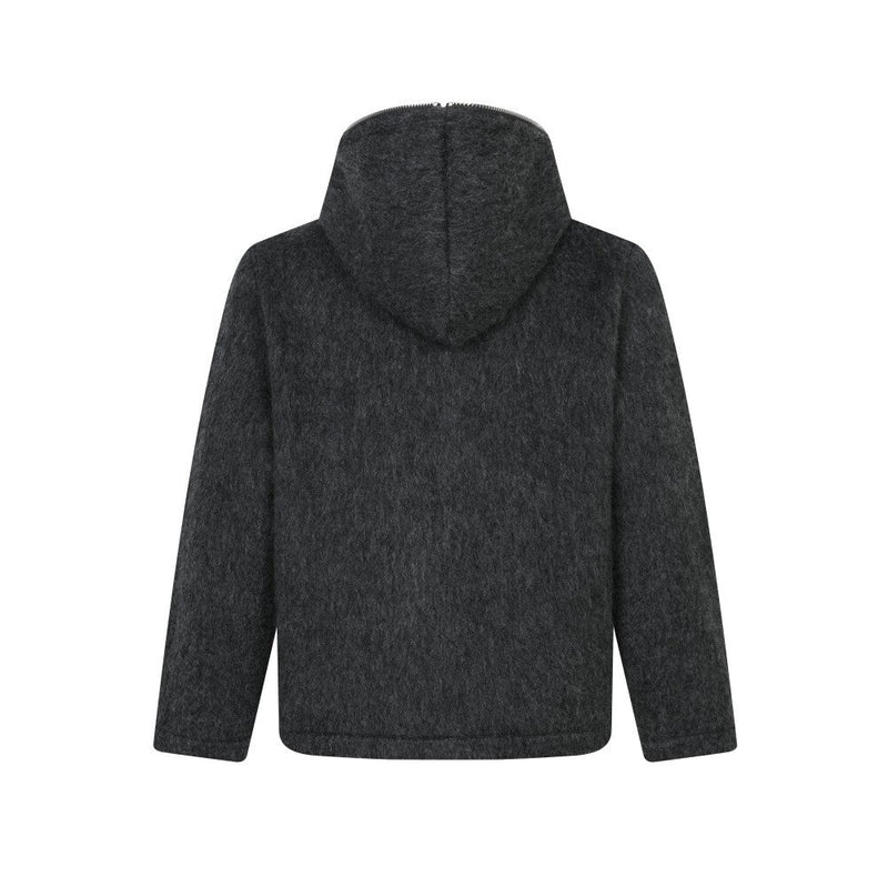 Back view of a dark charcoal wool-blend hooded jacket with a plain hood and straight hem