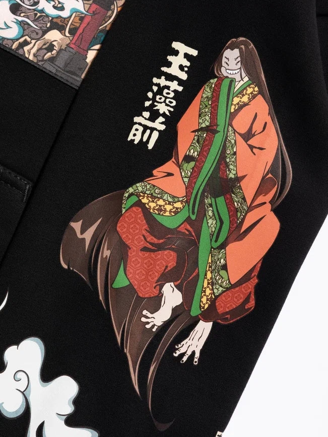 Illustration of a figure in a traditional Japanese robe with long hair, featuring intricate orange and green patterns. Includes Japanese text next to the figure and white cloud shapes at the bottom, ideal for an anime hoodie. Check out the Jujutsu Kaisen Geto Suguru Anime Hoodie from Jujutsu Kaisen!.