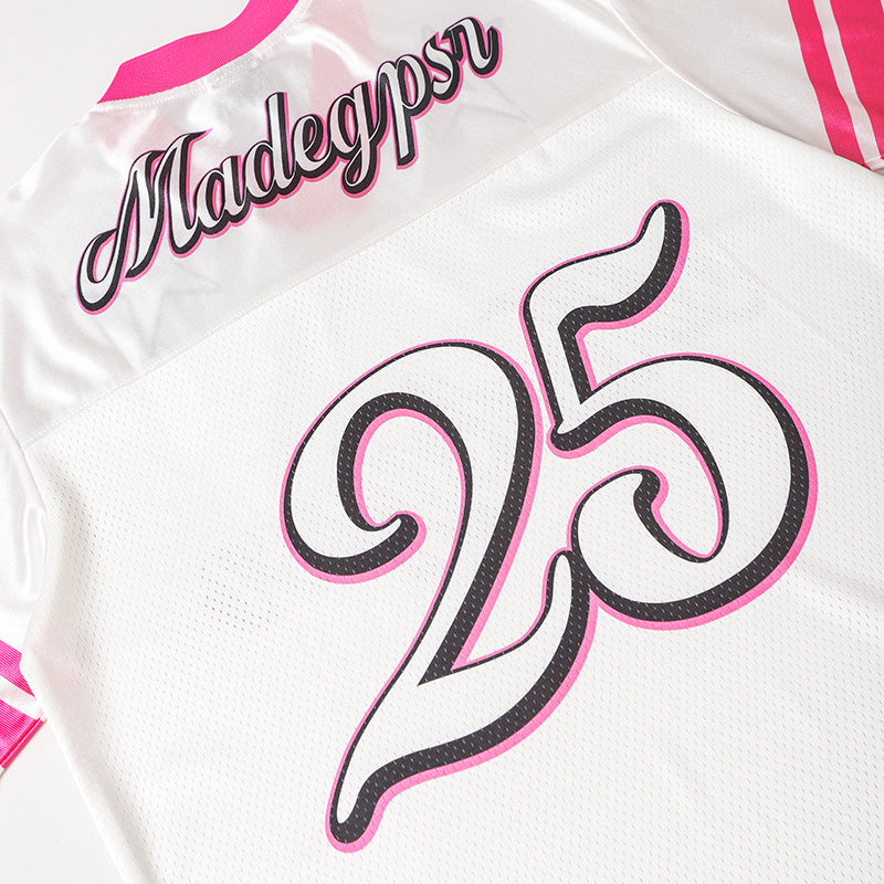 White mesh football jersey with pink accents and bold number 25, featuring Madegypsr lettering for streetwear style
