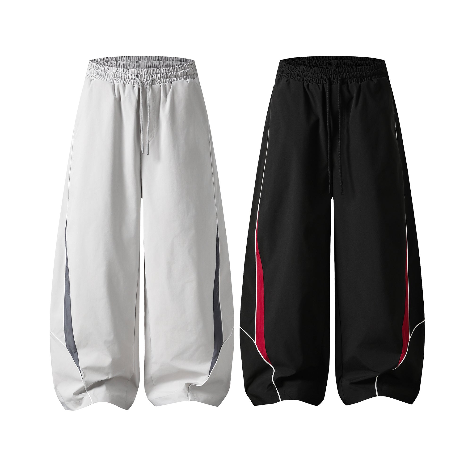 Light grey wide-leg track pants with charcoal contrast side panels and drawstring elastic waistband, product flat lay