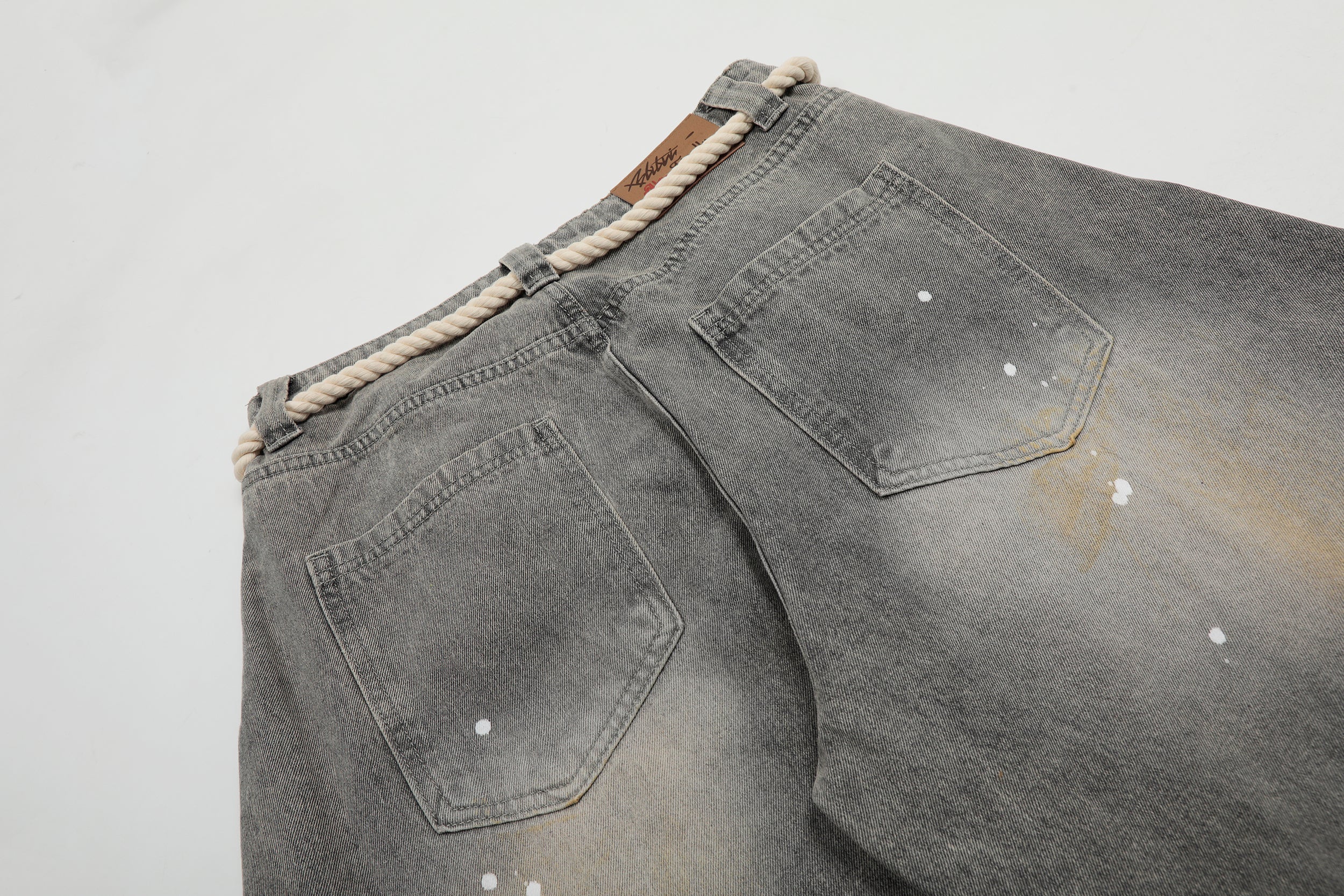 Rope-Waist Paint-Splatter Wide-Leg Jeans | Vintage Wash