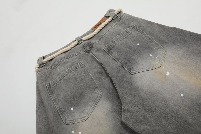 Rope-Waist Paint-Splatter Wide-Leg Jeans | Vintage Wash