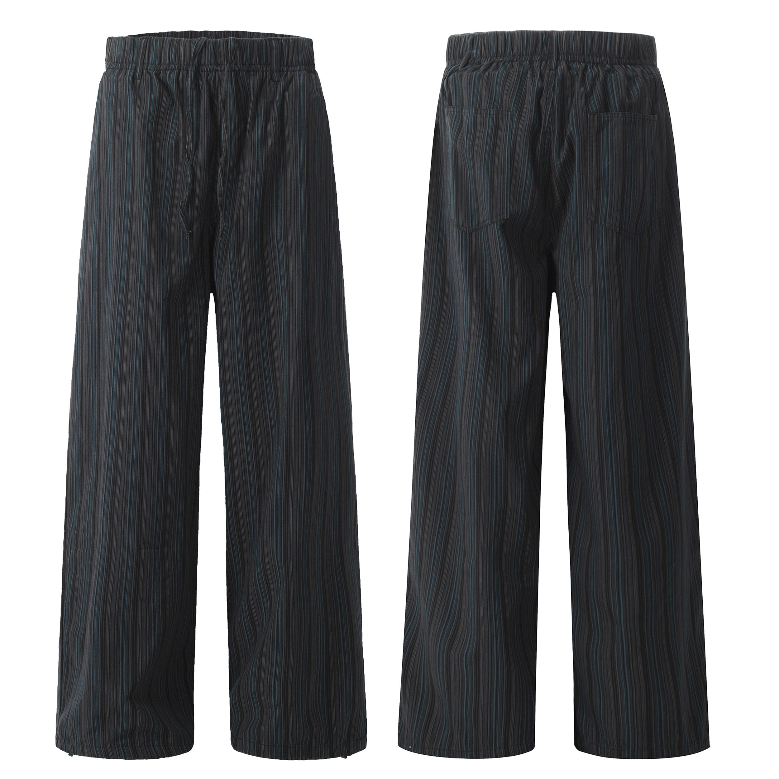 Front and back view of dark striped relaxed wide-leg cotton pants with elastic drawstring waistband and back patch pocket