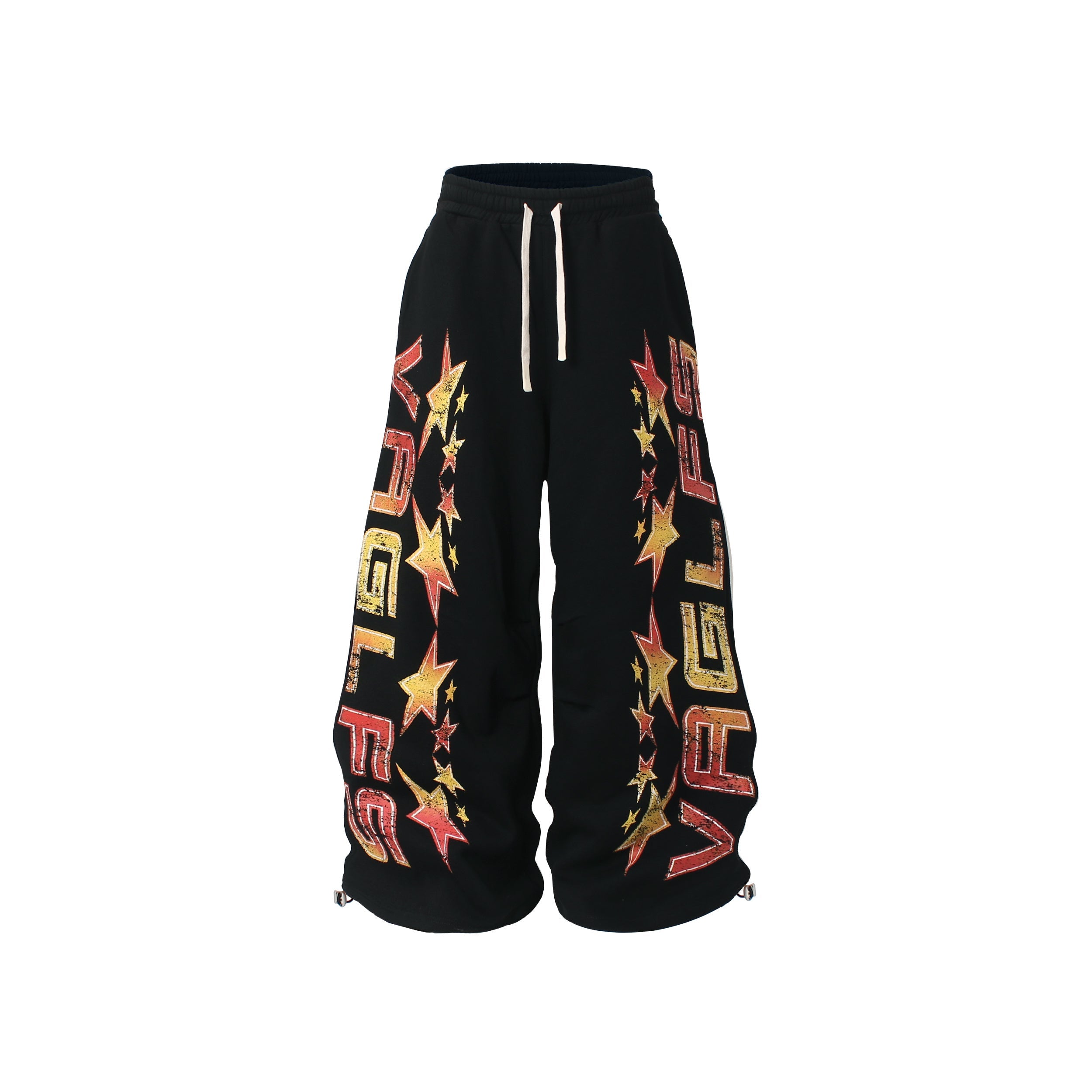 Black wide-leg sweatpants with red and gold glitter star prints and vertical lettering graphics on both legs