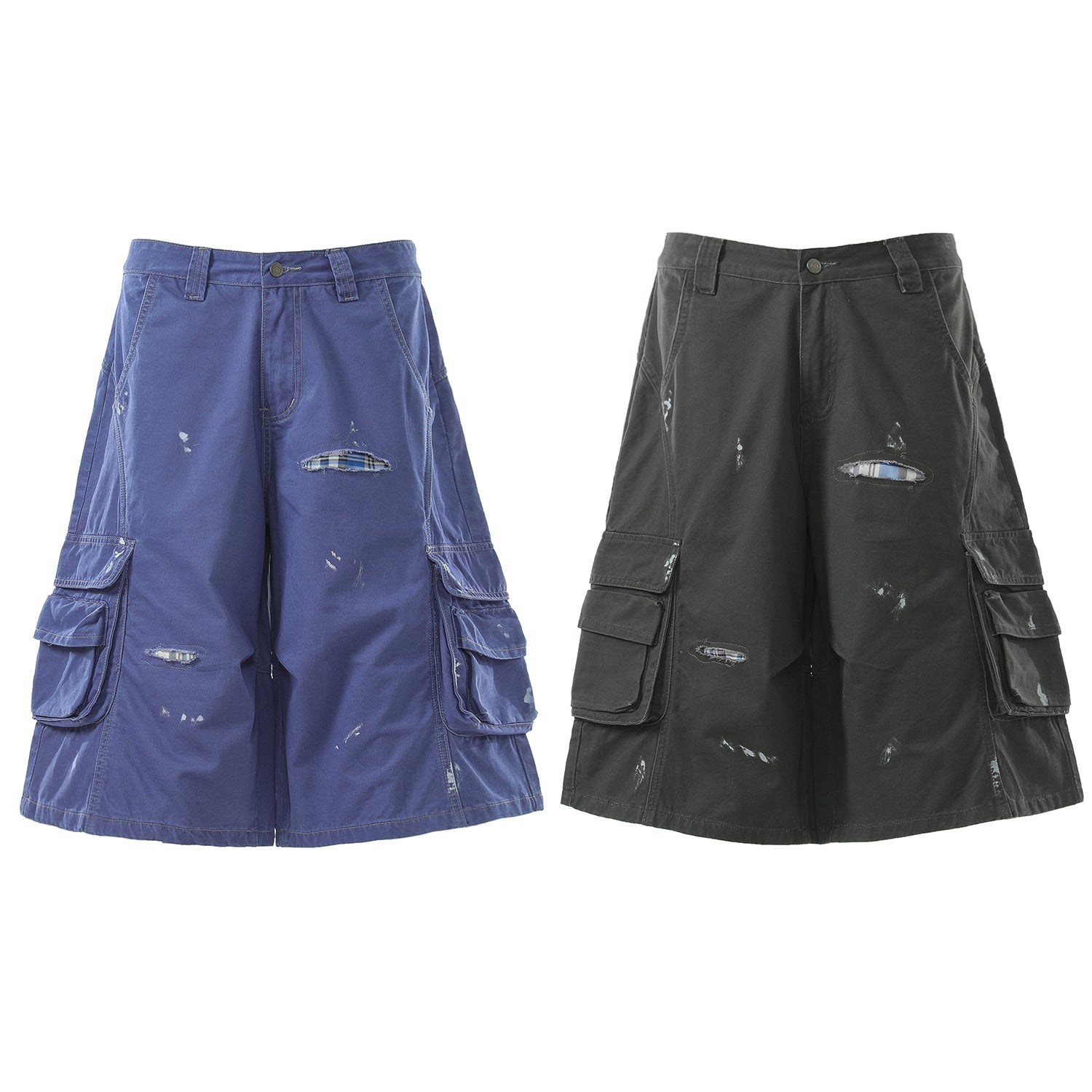 Omirad distressed utility cargo shorts in washed blue and charcoal black, front view showing ripped details and cargo pockets