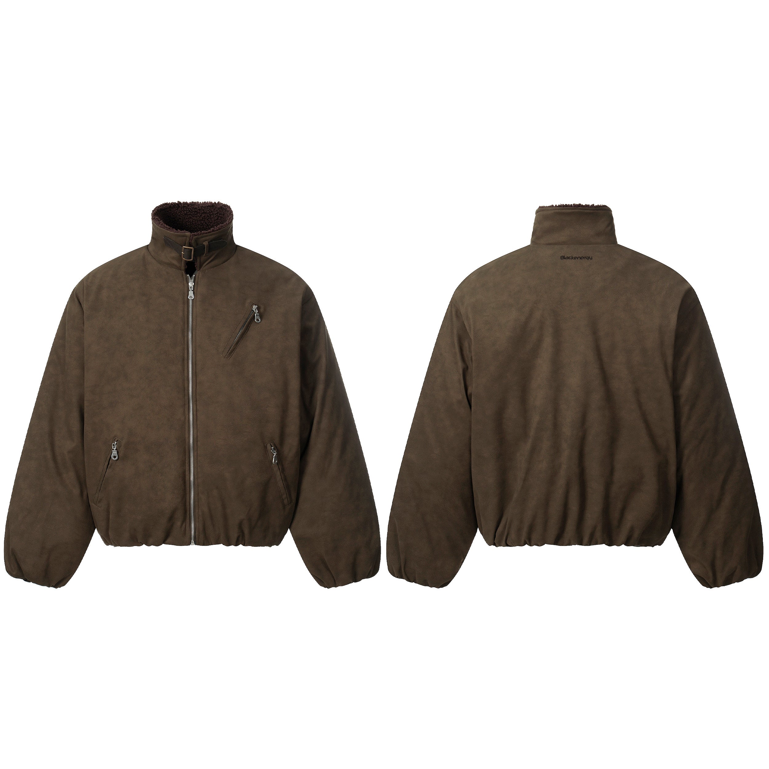 Front and back view of an oversized dark brown suede-effect bomber jacket with faux sherpa collar and silver zip pockets