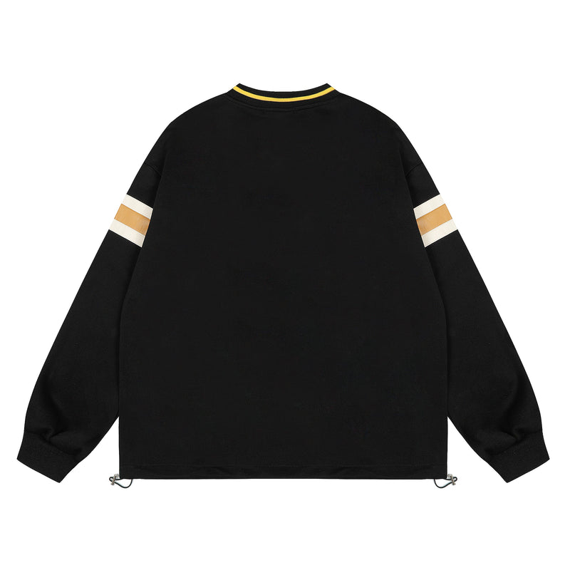 Black varsity sweatshirt back view with yellow striped ribbed collar and striped sleeve bands