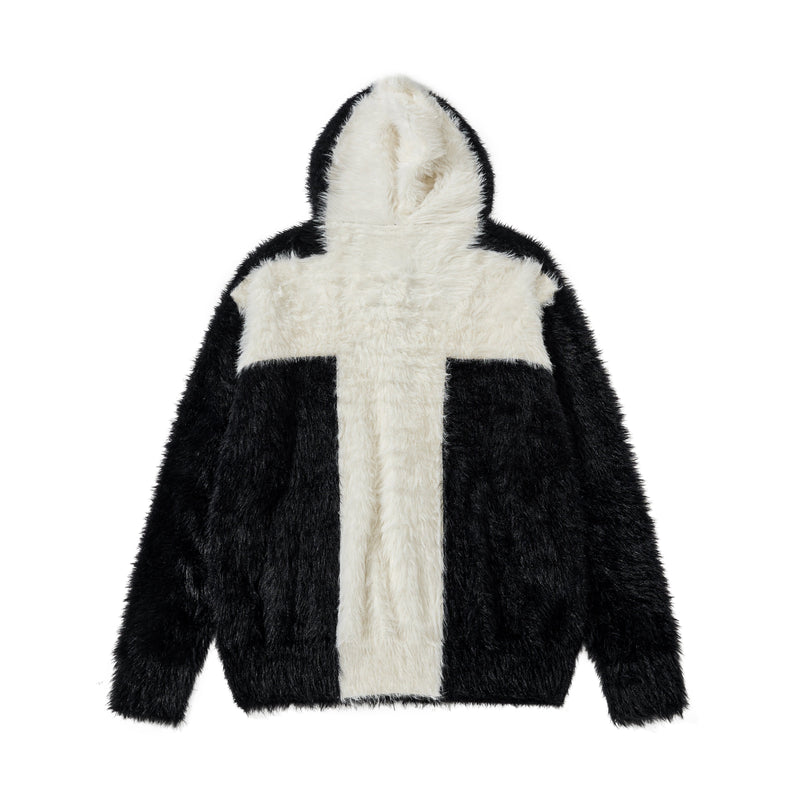 Black and white fuzzy zip hoodie, back view with large cross design