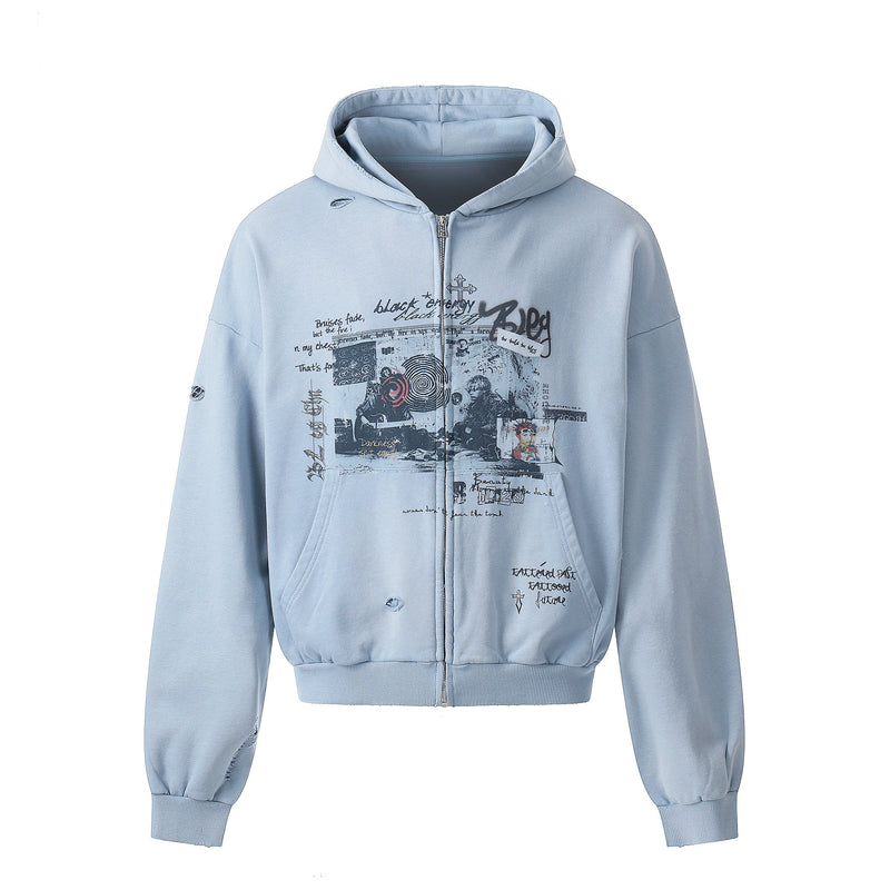 Light blue zip-up hoodie with collage graphic and distressed details, front view