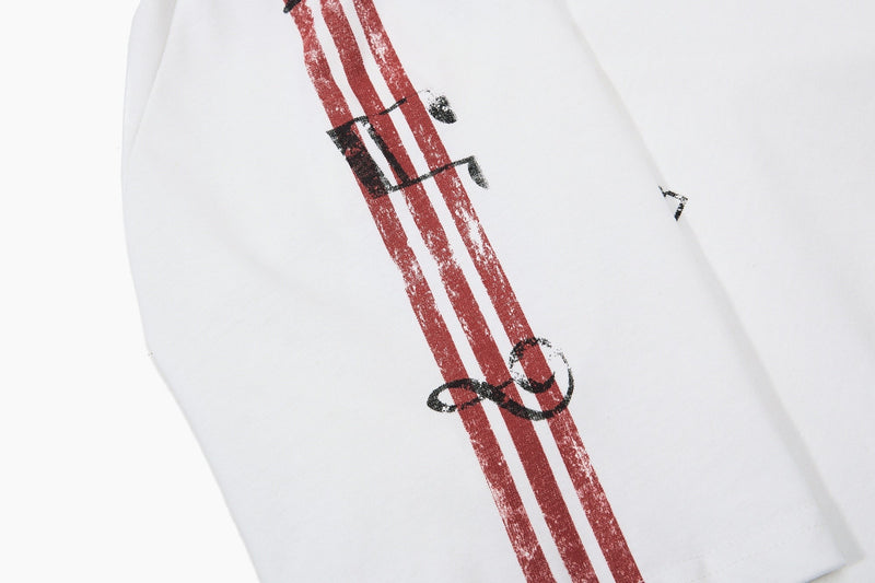 White men's polo shirt with distressed red vertical stripes and black music graphic print