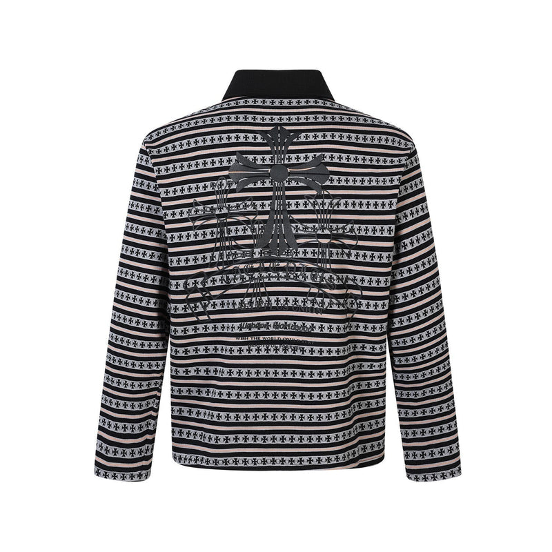 Black striped long sleeve polo shirt with large cross graphic on the back, rear view