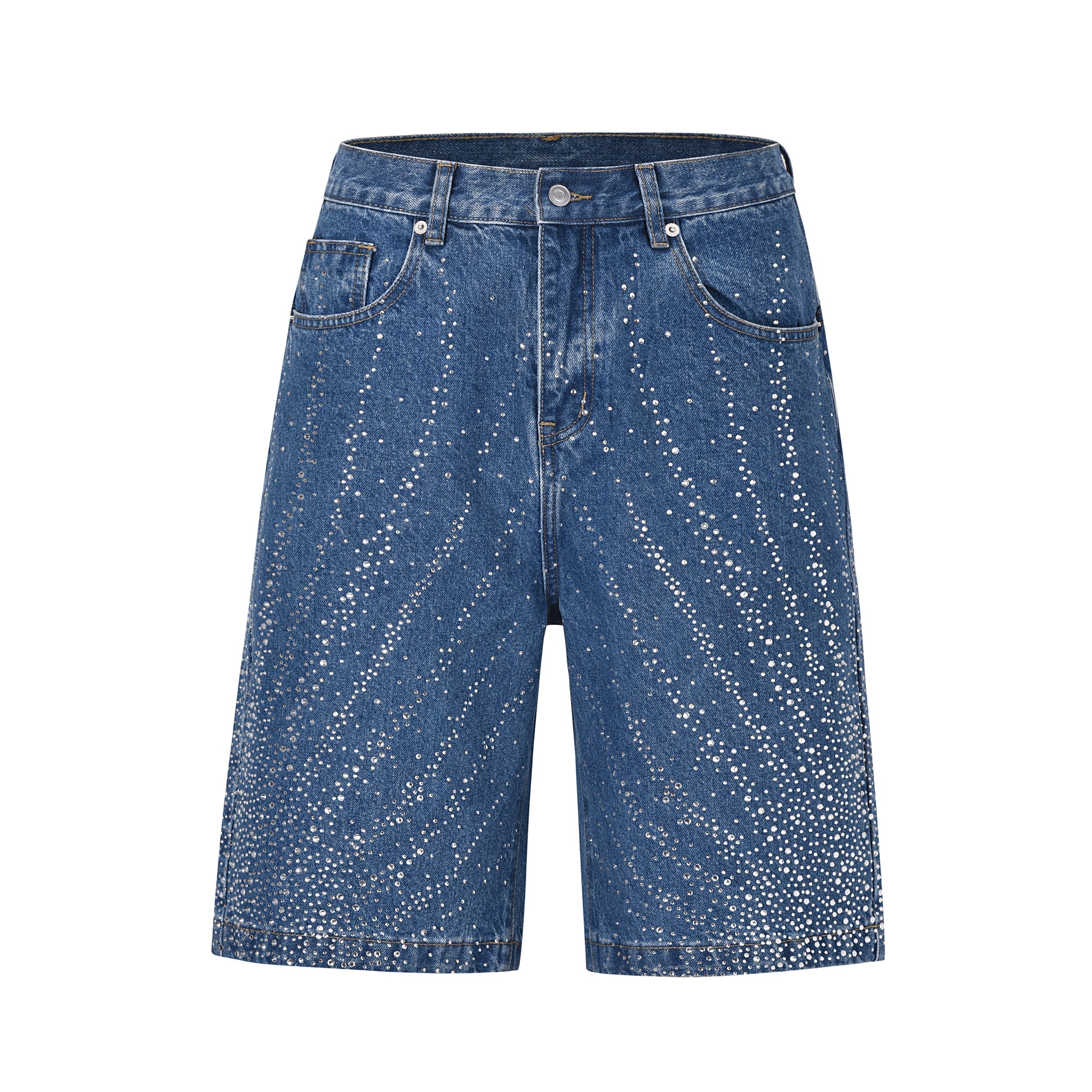Front view of medium blue rhinestone burst denim shorts with all-over crystal embellishment and five-pocket design