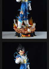 The Seakoff Vegeta Collectible Figure from Dragon Ball Z, standing at 55cm, features the spiky-haired Super Saiyan in a dynamic pose with energy-like effects and rocks. With its blue battle-damaged suit, it includes interchangeable heads for Super Saiyan, Super Saiyan Blue, and Normal forms.